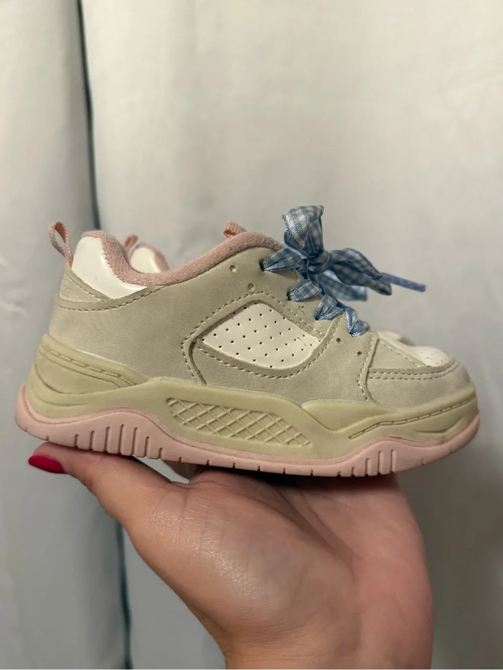 OshKosh B'gosh Cream and Pink Girls Sneakers with Blue Gingham Laces